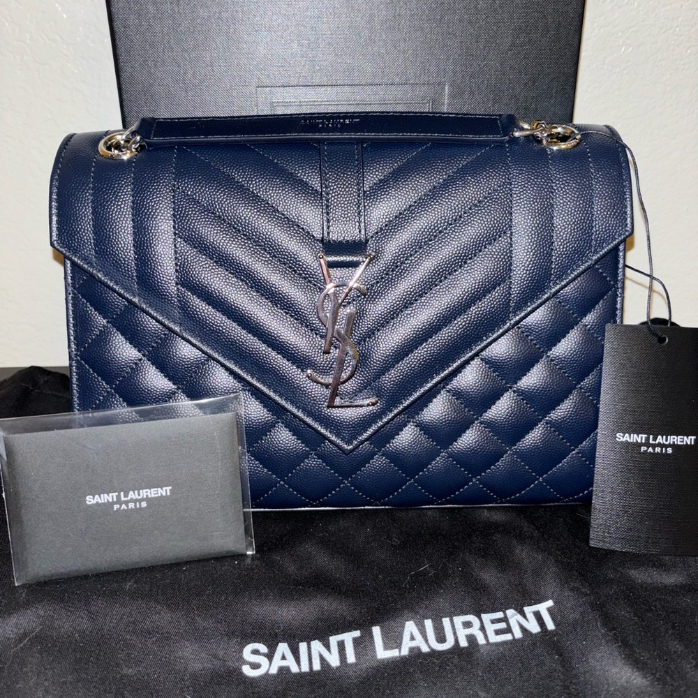 YSL Saint Laurent Medium Envelope Navy Silver Handbag Purse